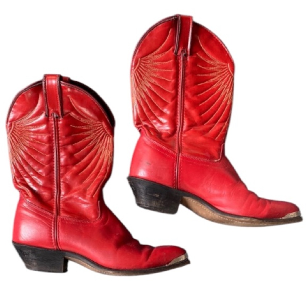 Vintage Red Leather cowboy Boots metal silver tips sz 8